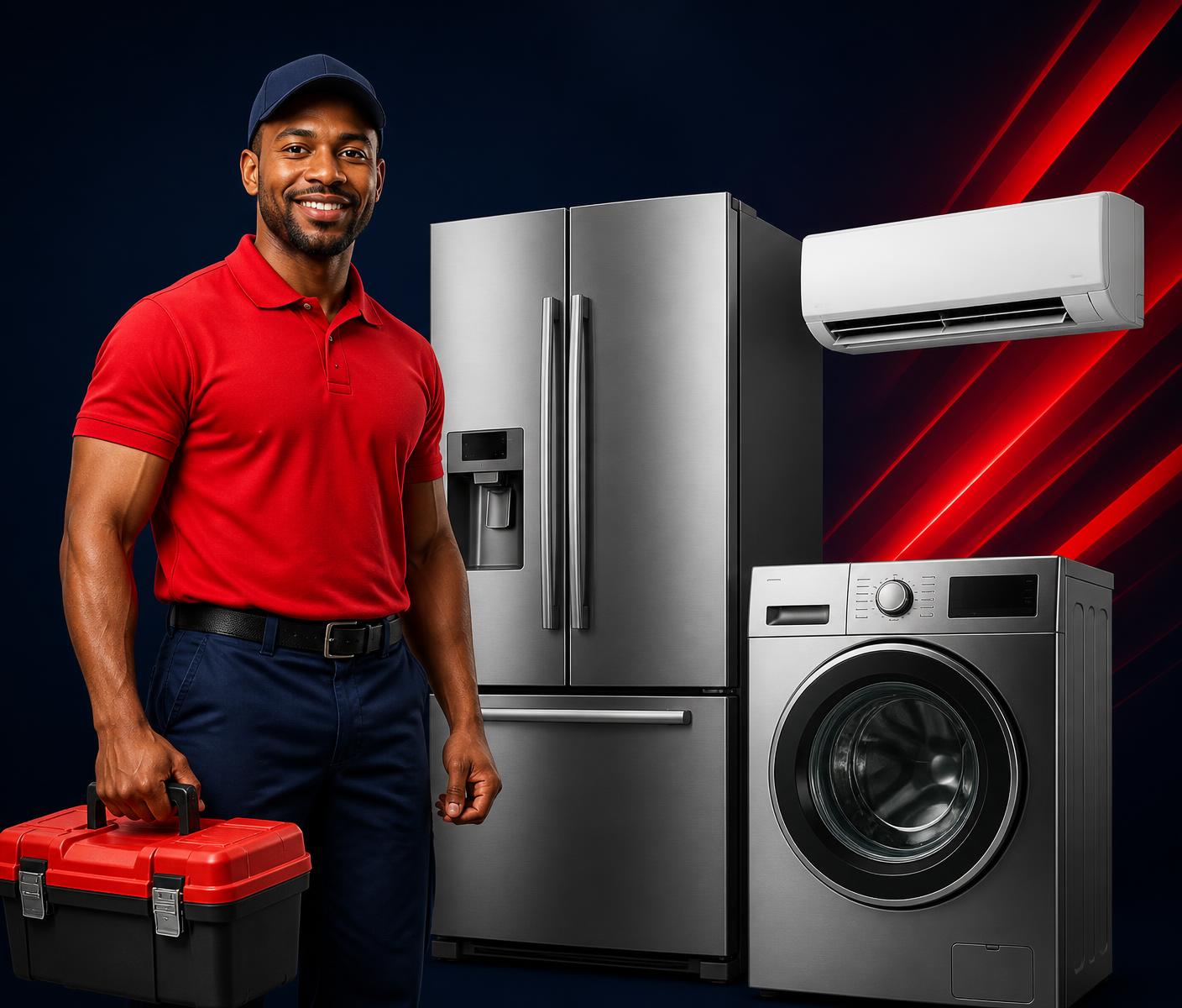 Xpress Appliance Fixers technician with a fridge, washing machine and aircon in Pretoria