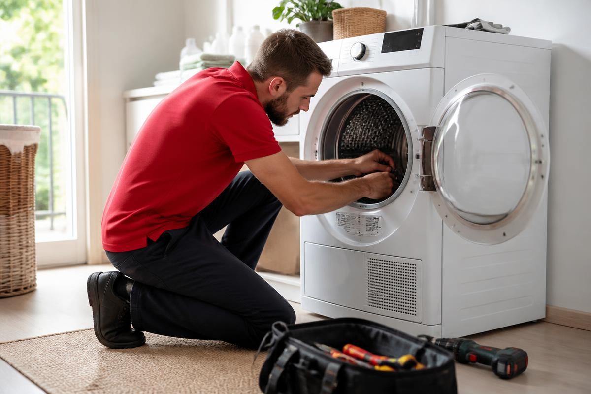 Technician opening a tumble dryer drum during a repair in Gauteng